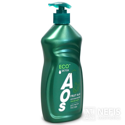 ECO Гель для мытья посуды «AOS с Фруктовыми кислотами DETOX, против жира, с дозатором, 450 мл ,без красителей и фосфатов, ЭКО сертификат.