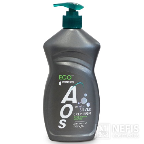 ECO Гель для мытья посуды AOS с Серебром ECO CONTROL, против микробов и бактерий с дозатором, 450 мл, без красителей и фосфатов, ЭКО сертификат.